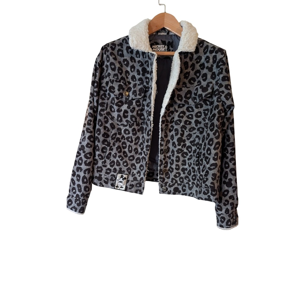 Mickey Mouse Disney Leopard Print Corduroy Trucker Jacket Grey Black Small